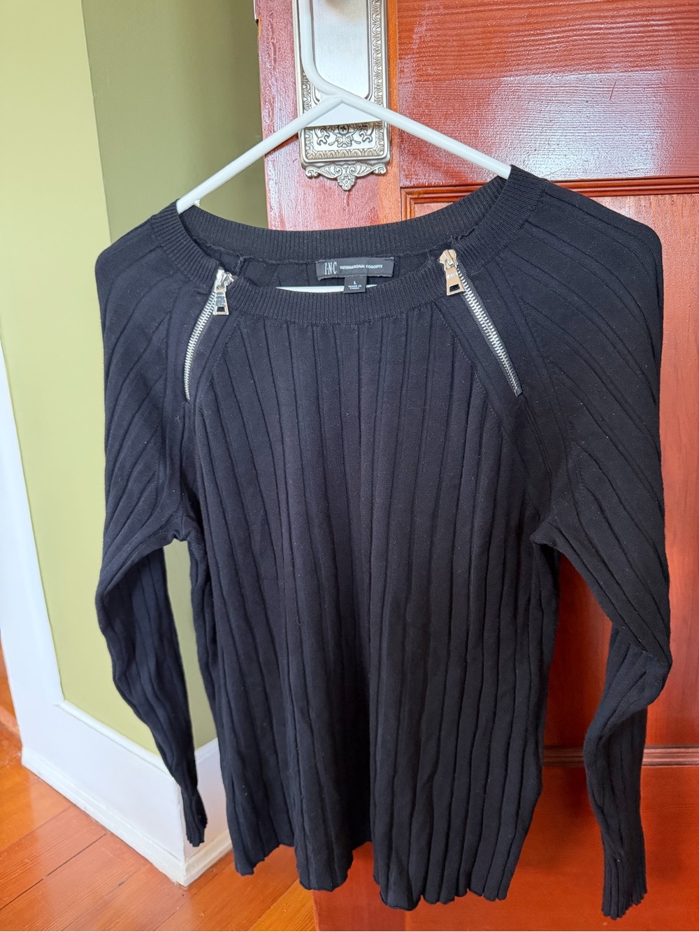 INC International Concepts Black Ribbed Long-Sleeve Sweater with Zip Accents